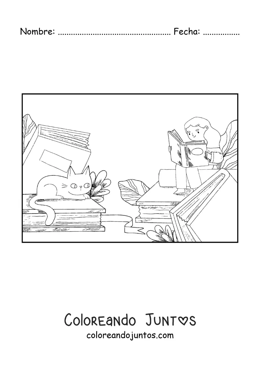 Imagen para colorear de una chica sentada sobre libros leyendo junto a su gato animado