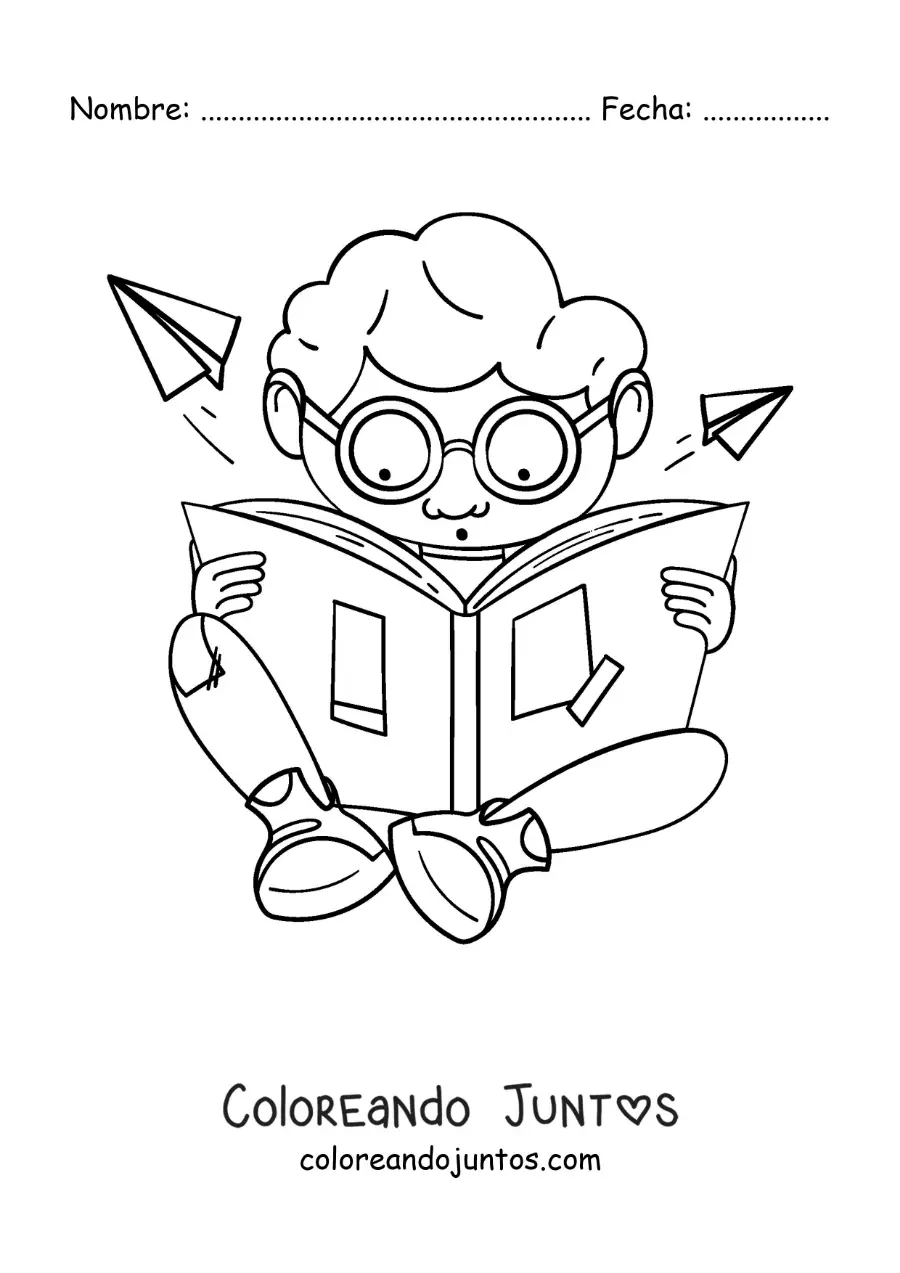 Imagen para colorear de un niño con lentes sentado leyendo asombrado