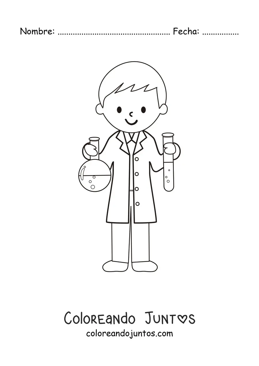 Imagen para colorear de un científico animado con un tubo de ensayo y un frasco