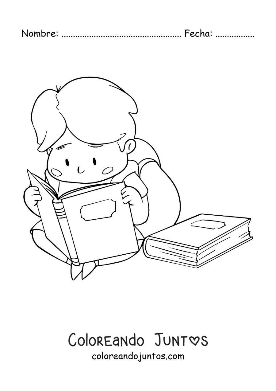 Imagen para colorear de un niño con una mochila leyendo sentado en el piso