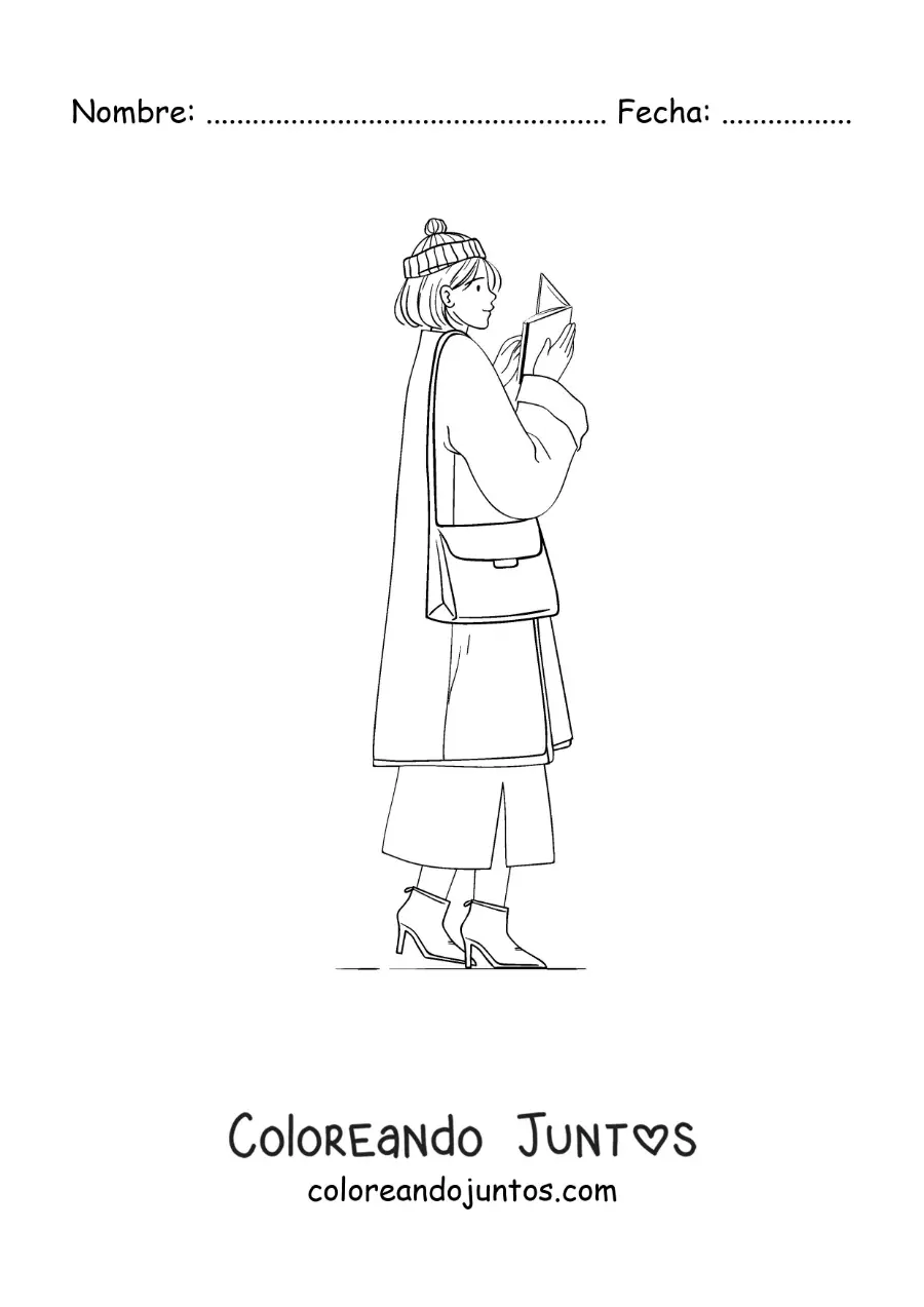 Imagen para colorear de una mujer con abrigo leyendo mientras camina