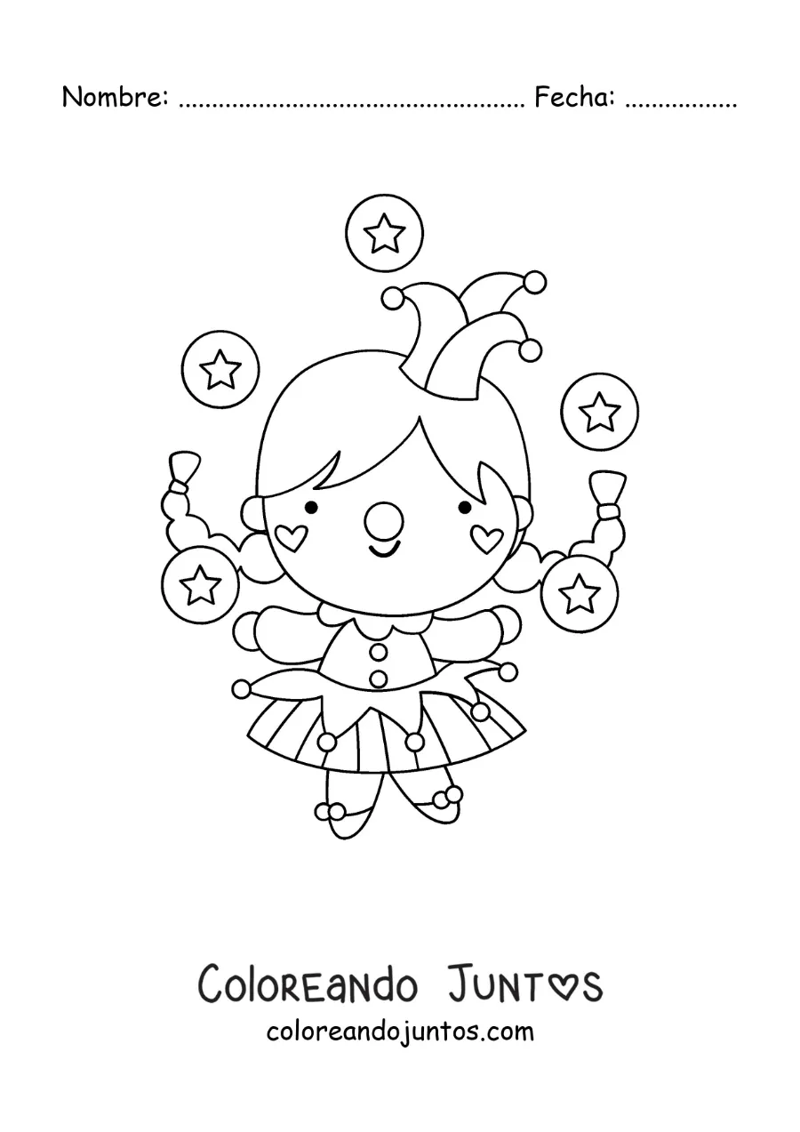 Imagen para colorear de una mujer payaso haciendo malabares