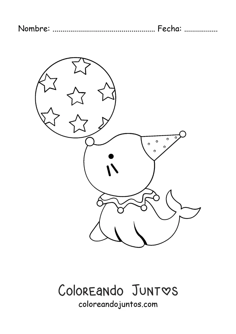 Imagen para colorear de una foca de circo kawaii balanceando una pelota