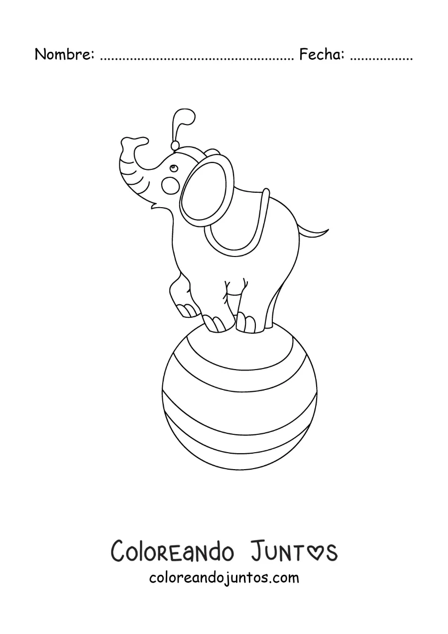 Imagen para colorear de un elefante de circo animado sobre una pelota