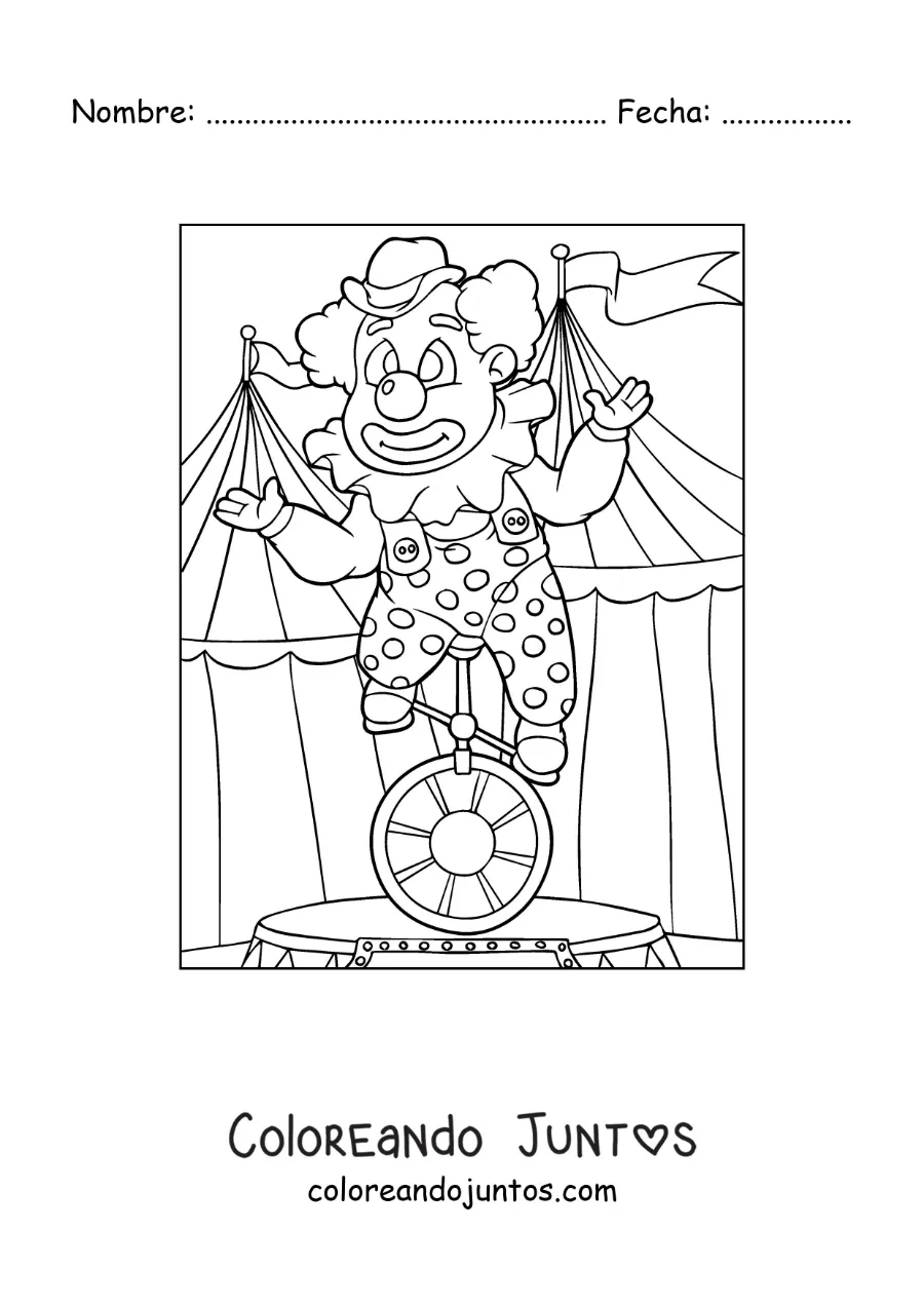 Imagen para colorear de un payaso en un monociclo en el circo