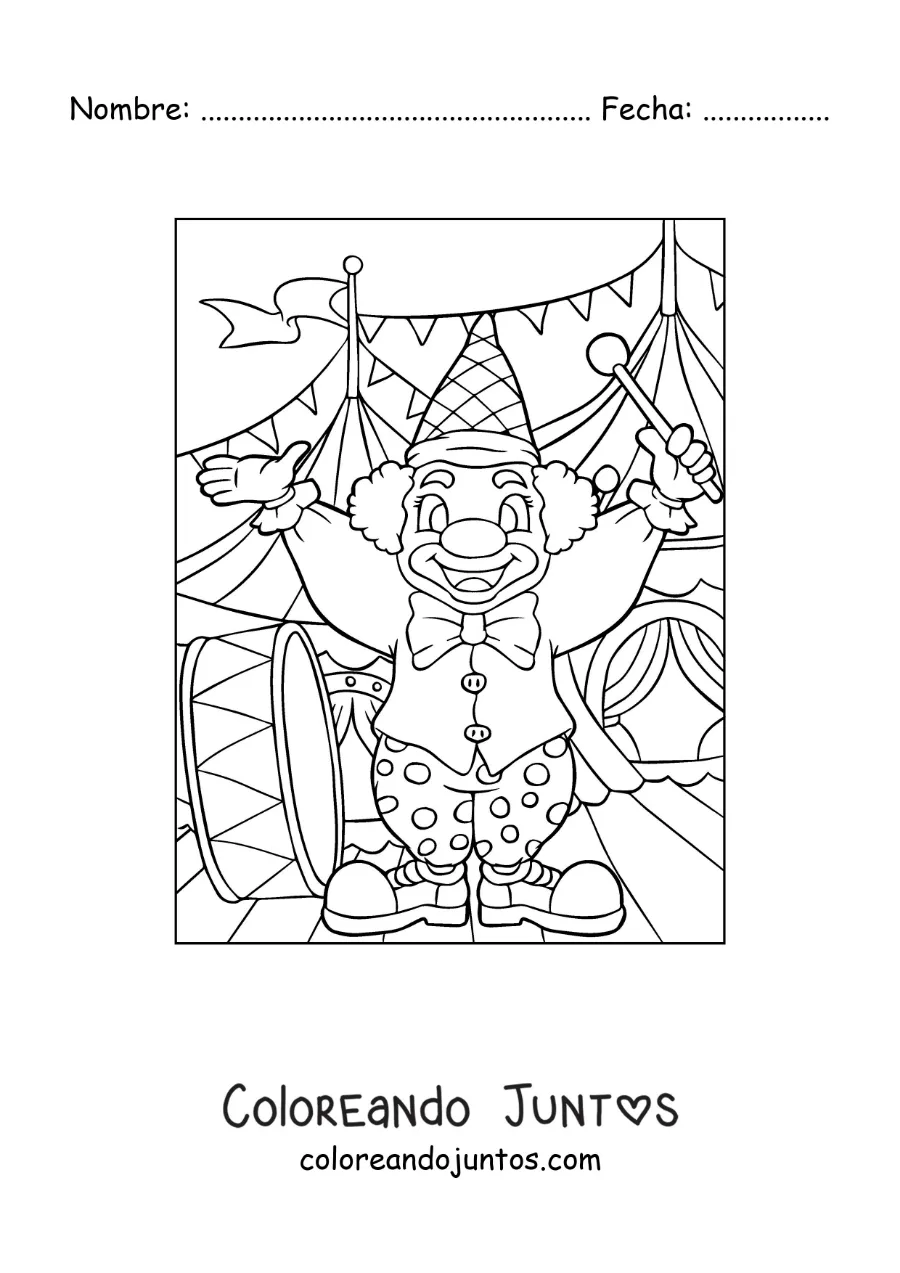 Imagen para colorear de un payaso tocando el bombo en el circo