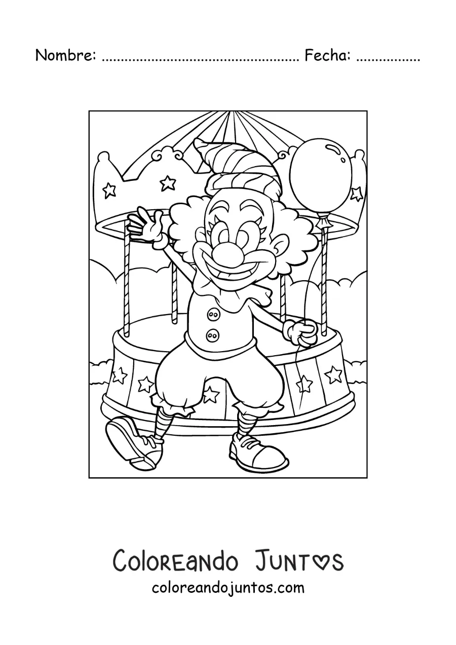 Imagen para colorear de un payaso con un globo en un carrusel