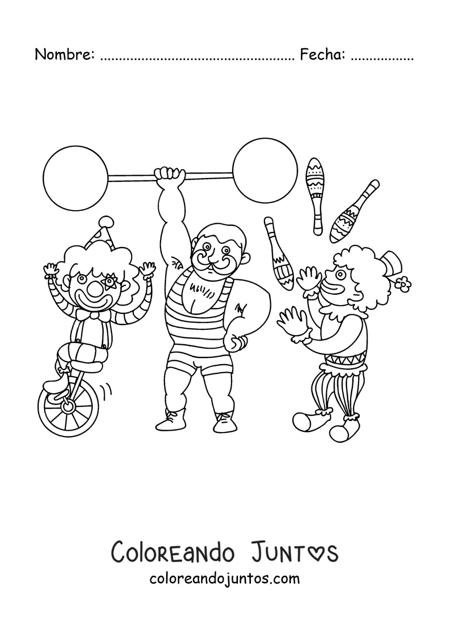 Imagen para colorear de un payaso, un forzudo y un malabarista de circo