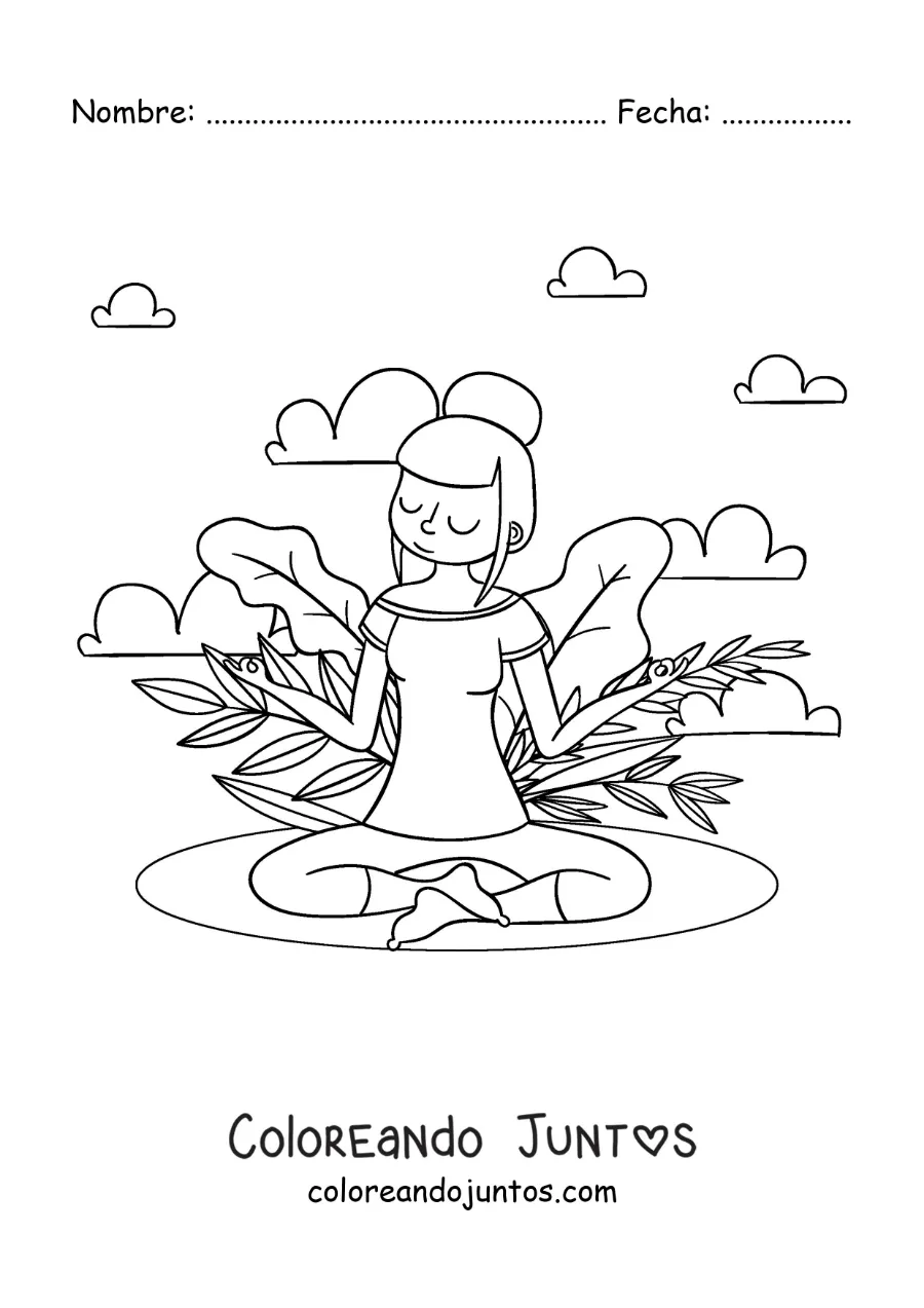 Imagen para colorear de una chica meditando en el parque