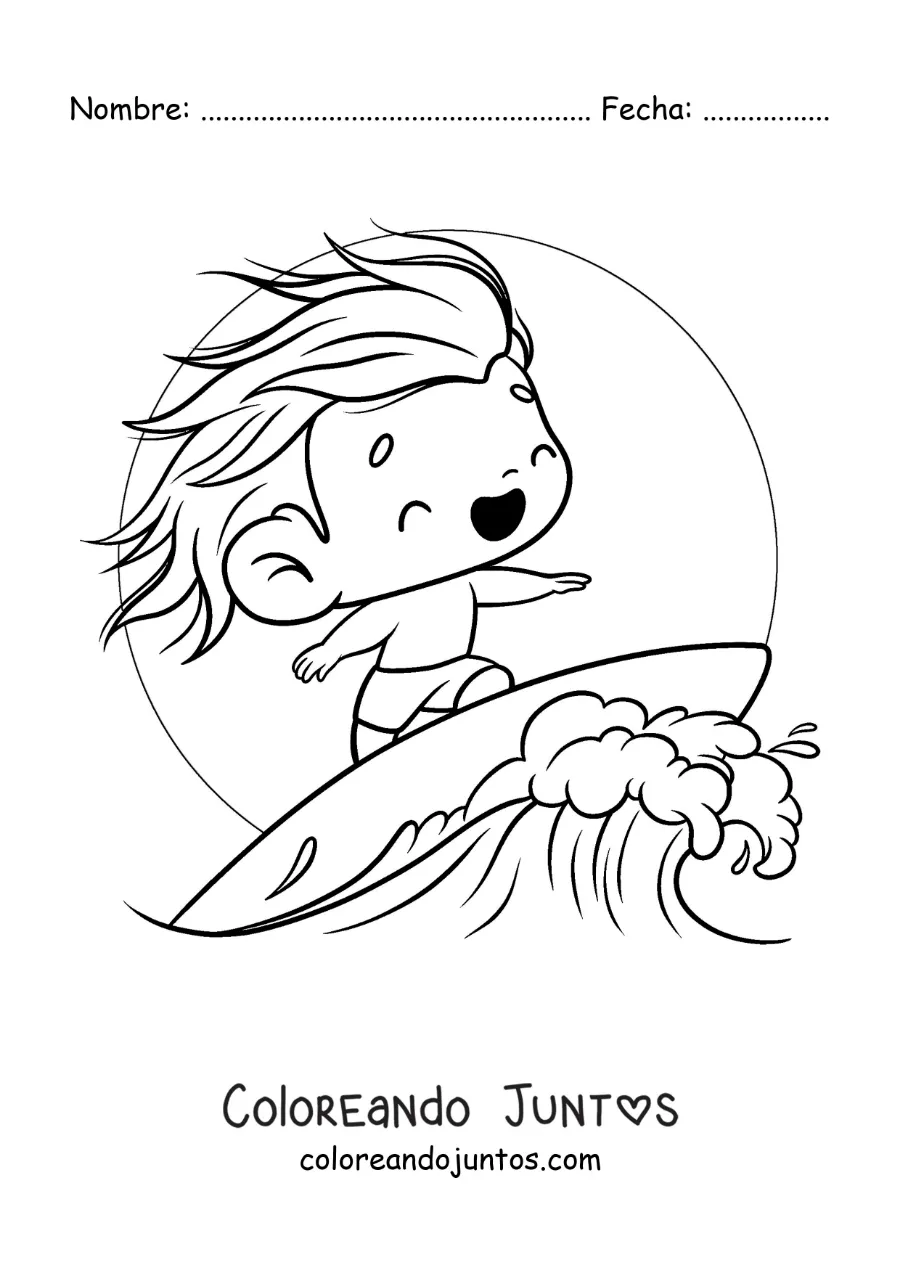 Imagen para colorear de un niño kawaii surfeando una ola