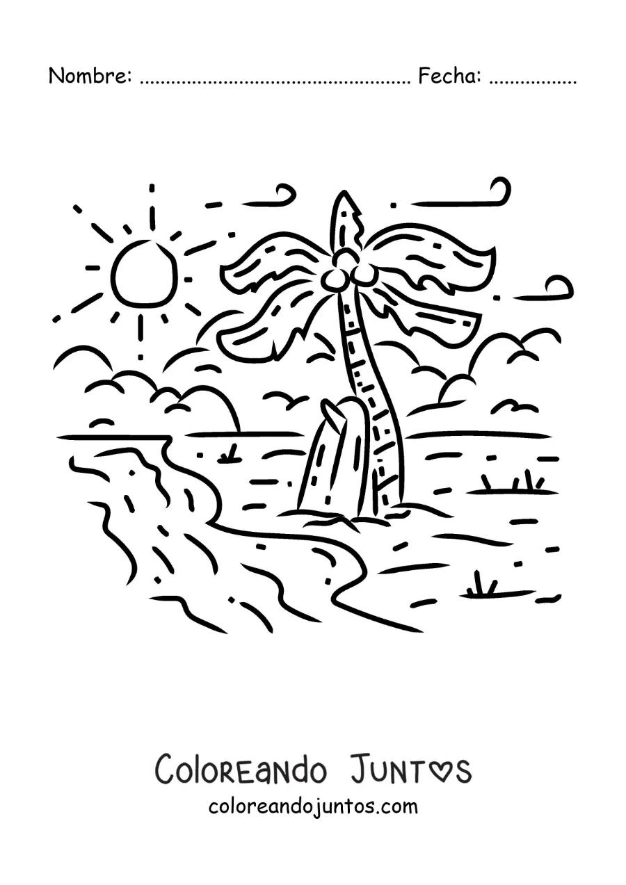 Imagen para colorear de una tabla de surf en la arena en la playa