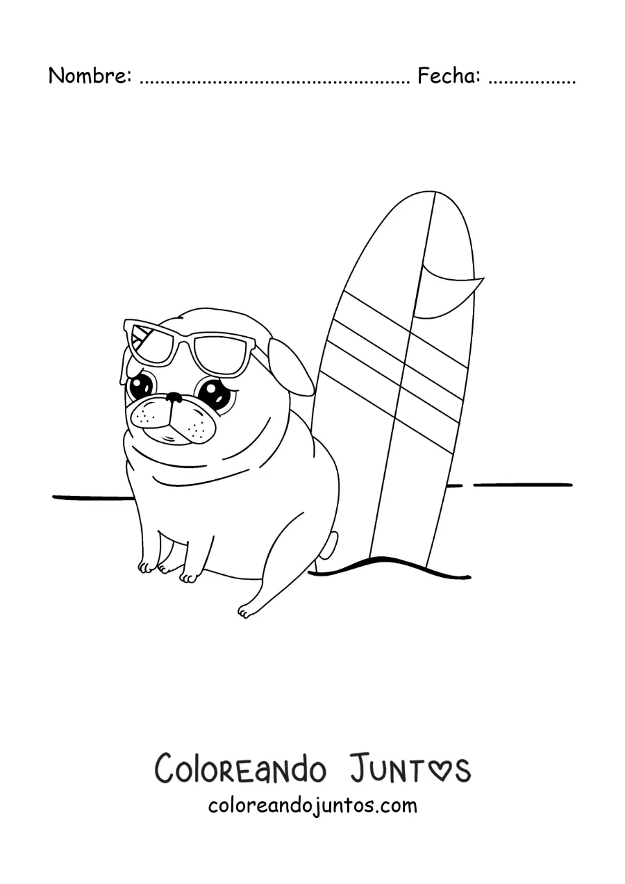 Imagen para colorear de un pug animado junto a una tabla de surf en la arena