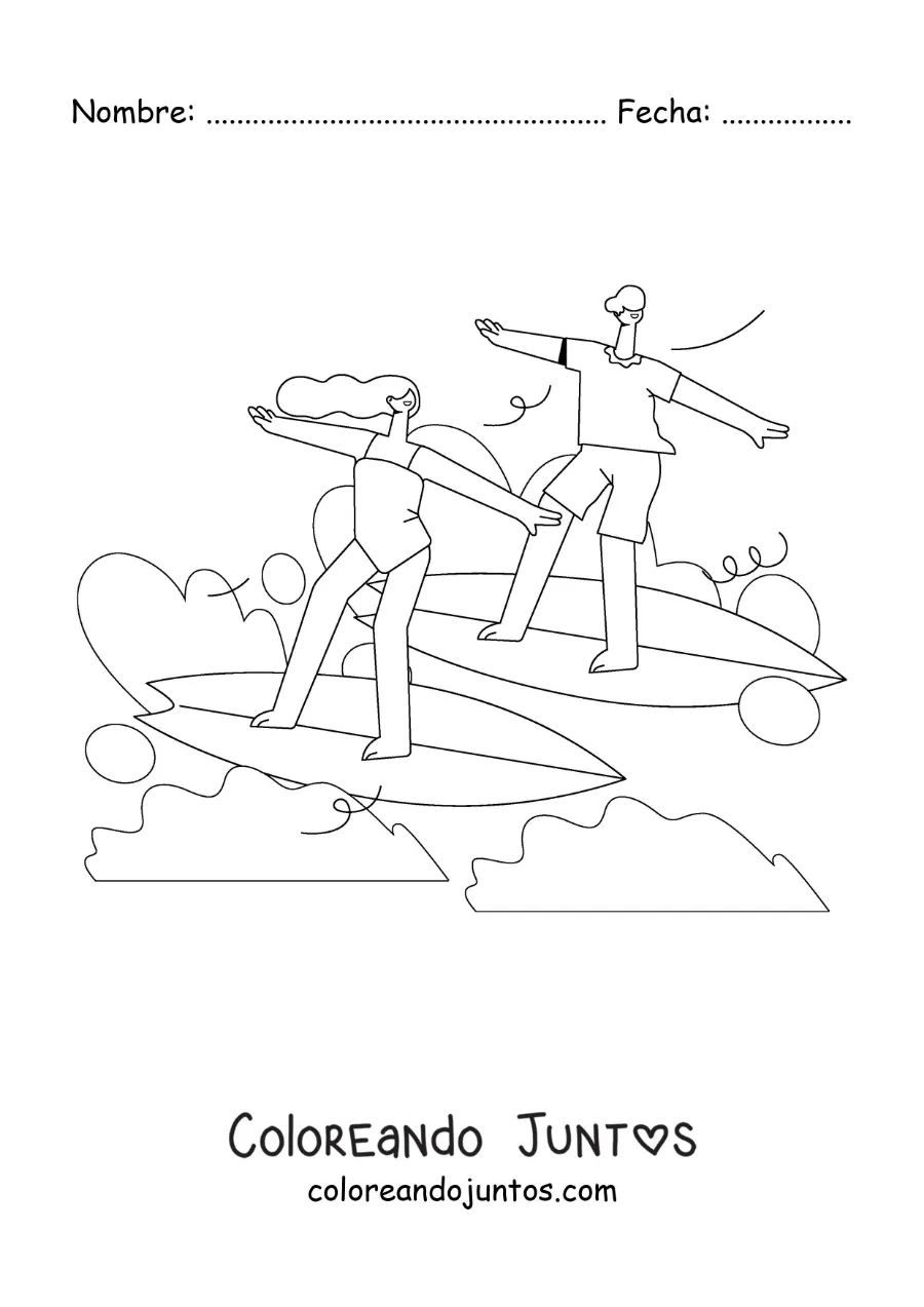 Imagen para colorear de una pareja surfeando