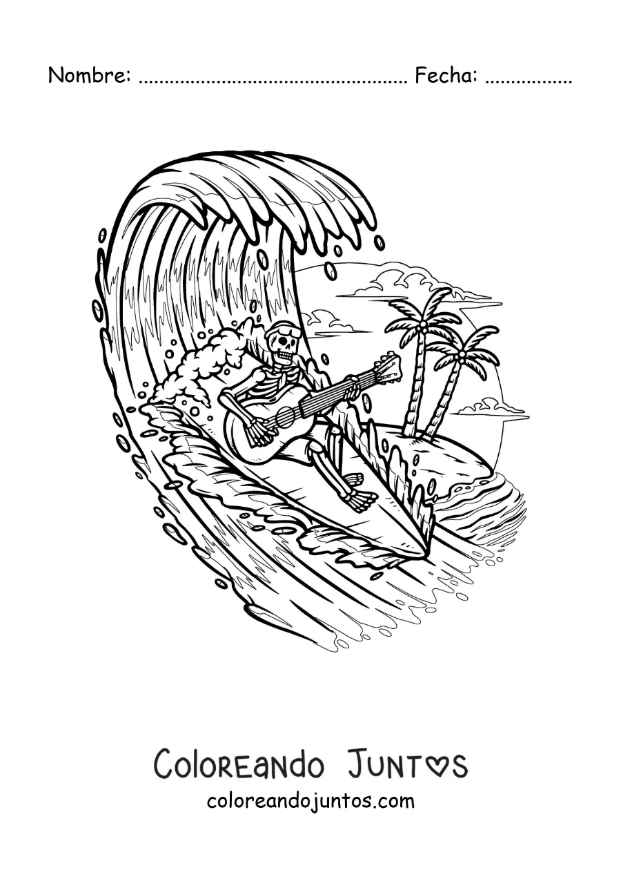 Imagen para colorear de un esqueleto tocando la guitarra mientras surfea en la playa
