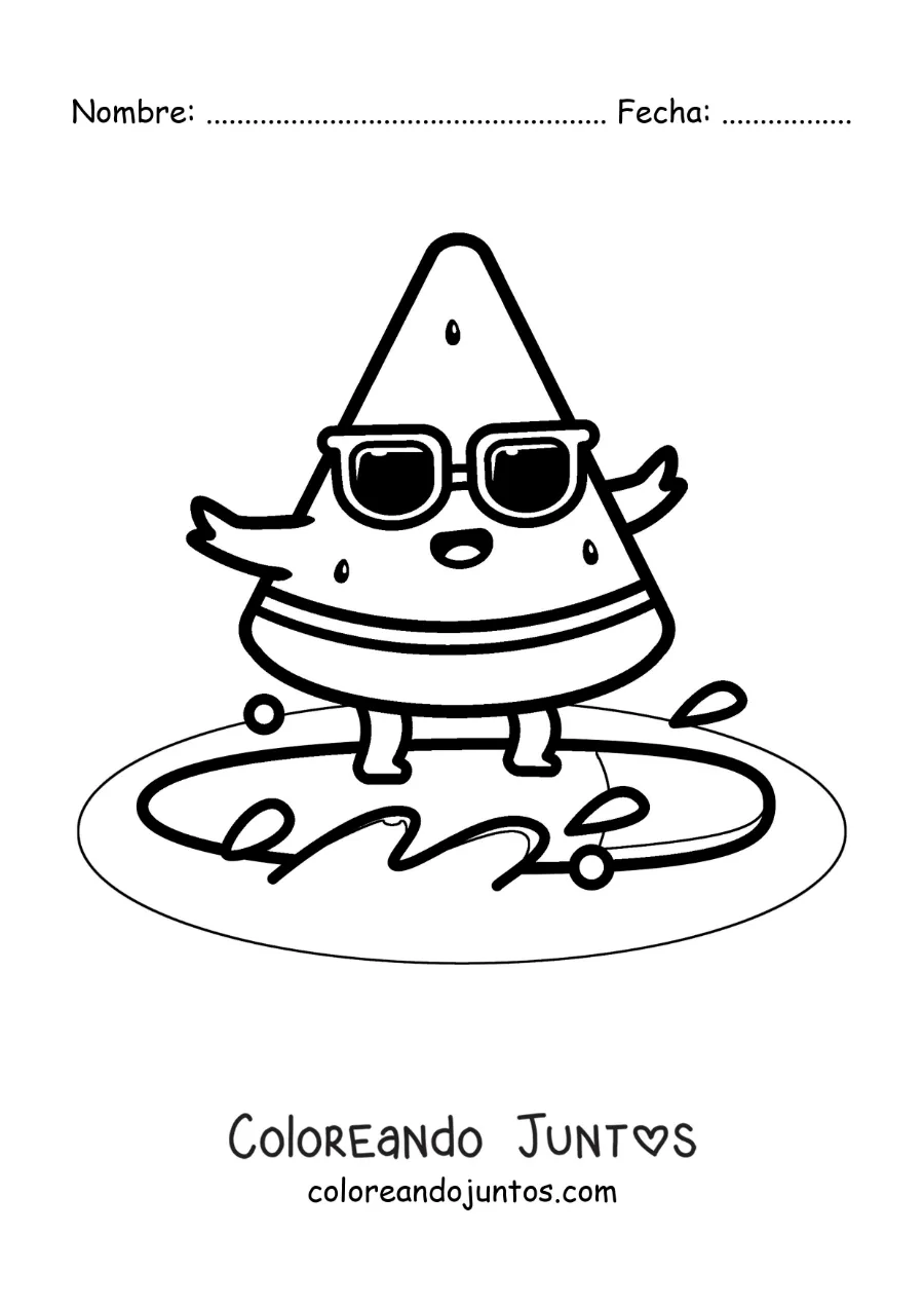 Imagen para colorear de un trozo de sandía animado surfeando