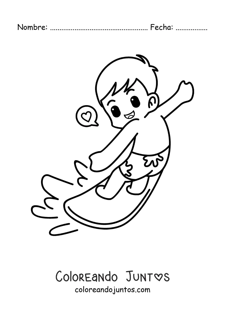 Imagen para colorear de un niño animado surfeando