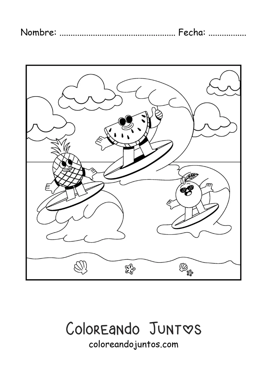 Imagen para colorear de una caricatura de frutas animadas surfeando en la playa