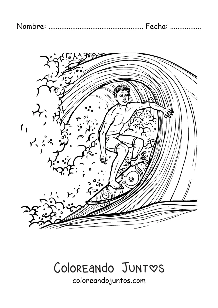 Imagen para colorear de un chico surfeando una ola en estilo realista