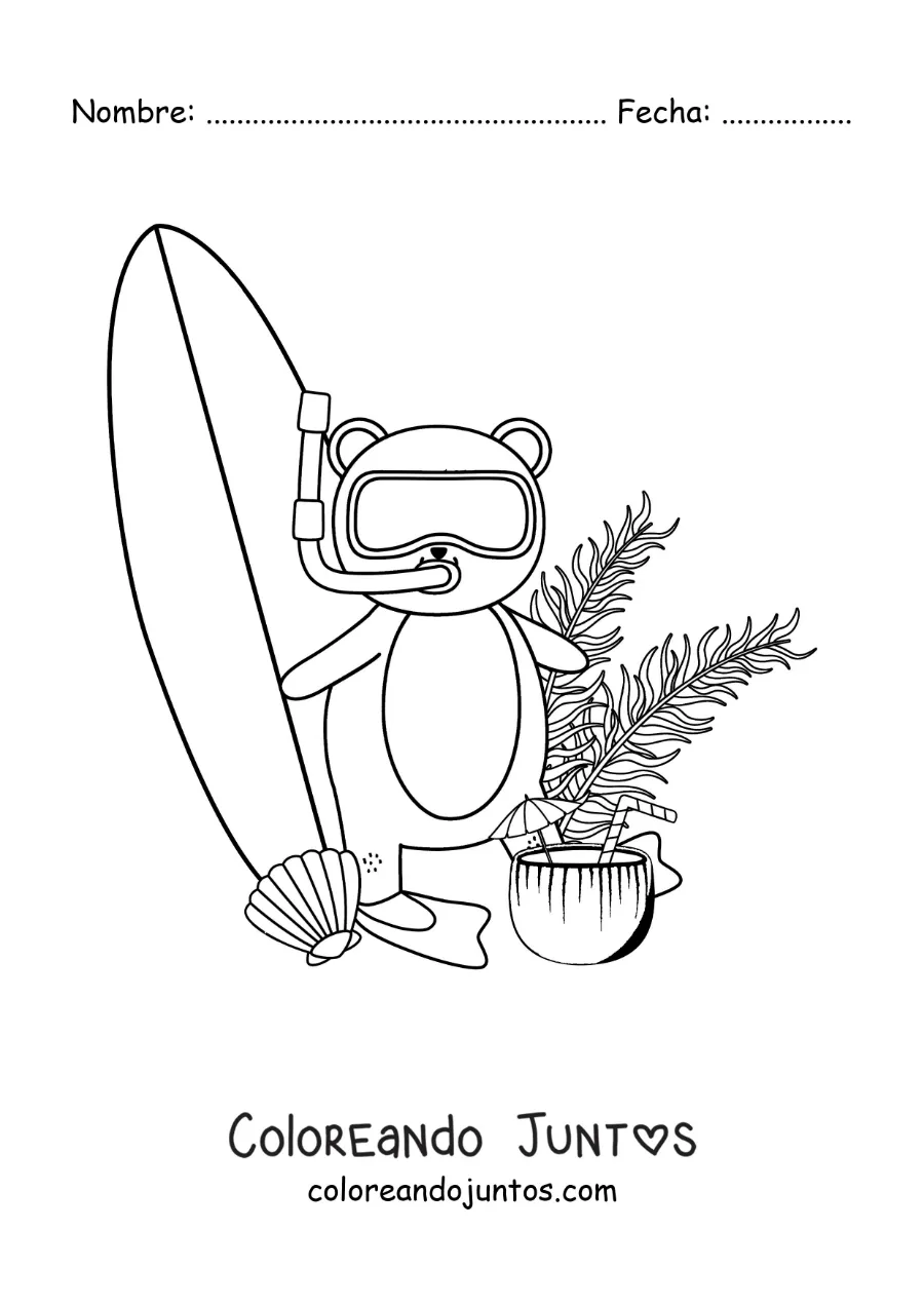 Imagen para colorear de un oso surfista animado