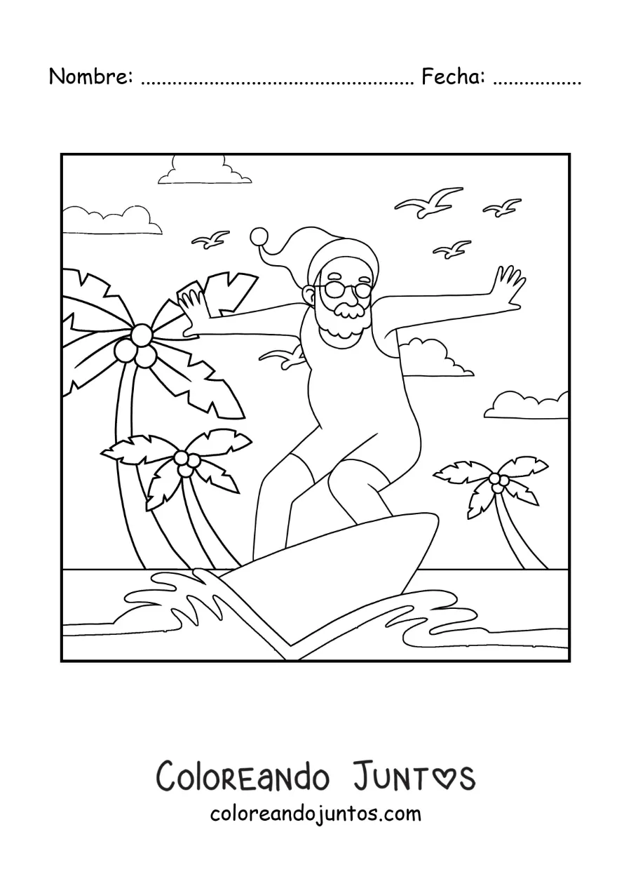 Imagen para colorear de santa animado surfeando en la playa