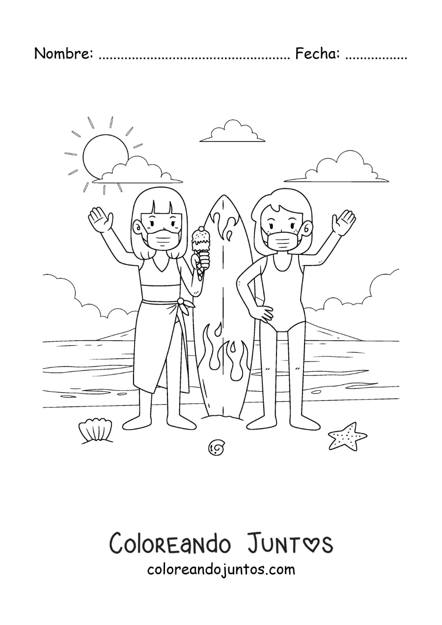 Imagen para colorear de dos chicas en la playa con mascarilla junto a una tabla de surf
