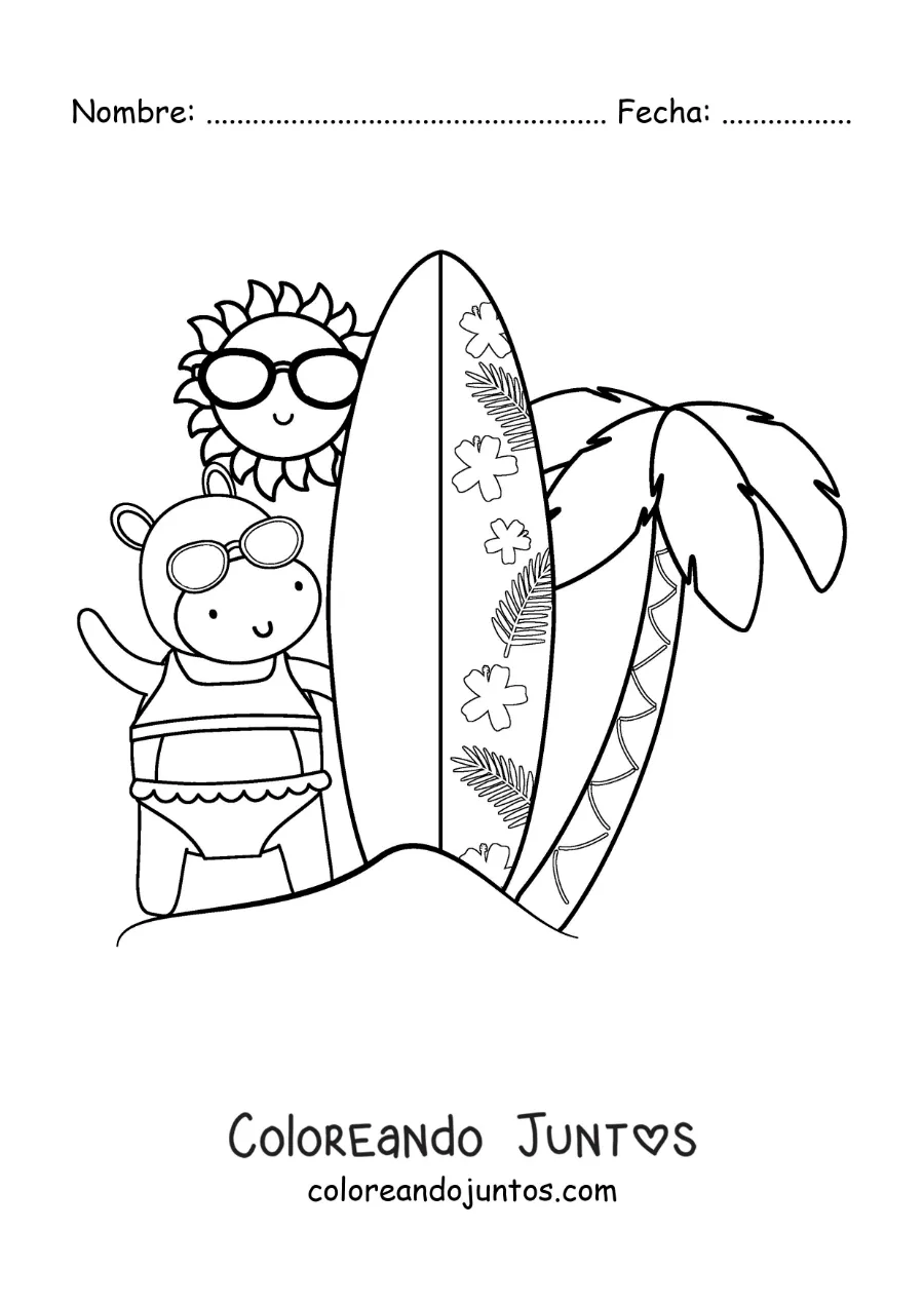 Imagen para colorear de una hipopótamo surfista animada en la playa