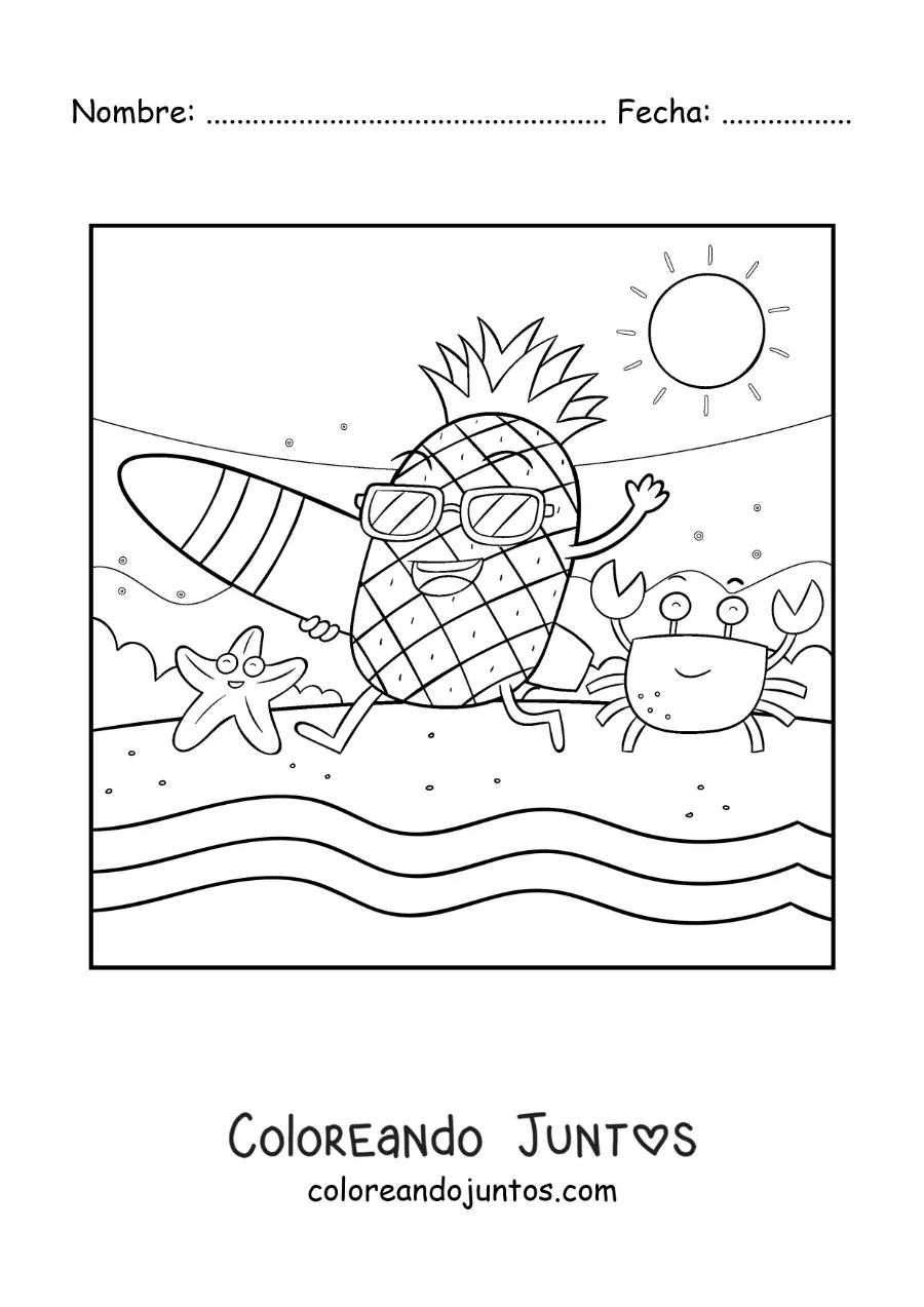 Imagen para colorear de una piña surfista animada en la playa corriendo al mar