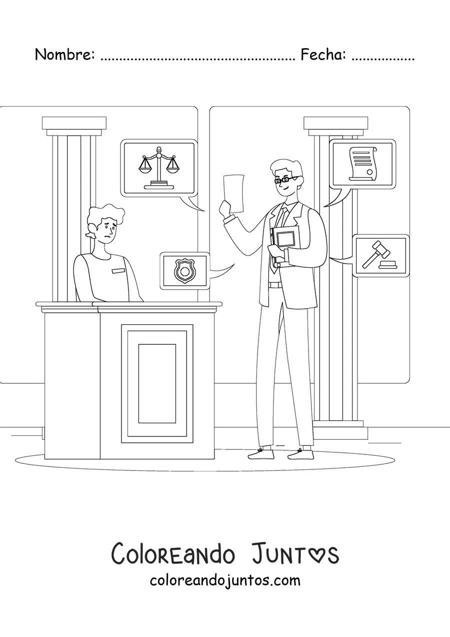 Imagen para colorear de un abogado interrogando en un juicio
