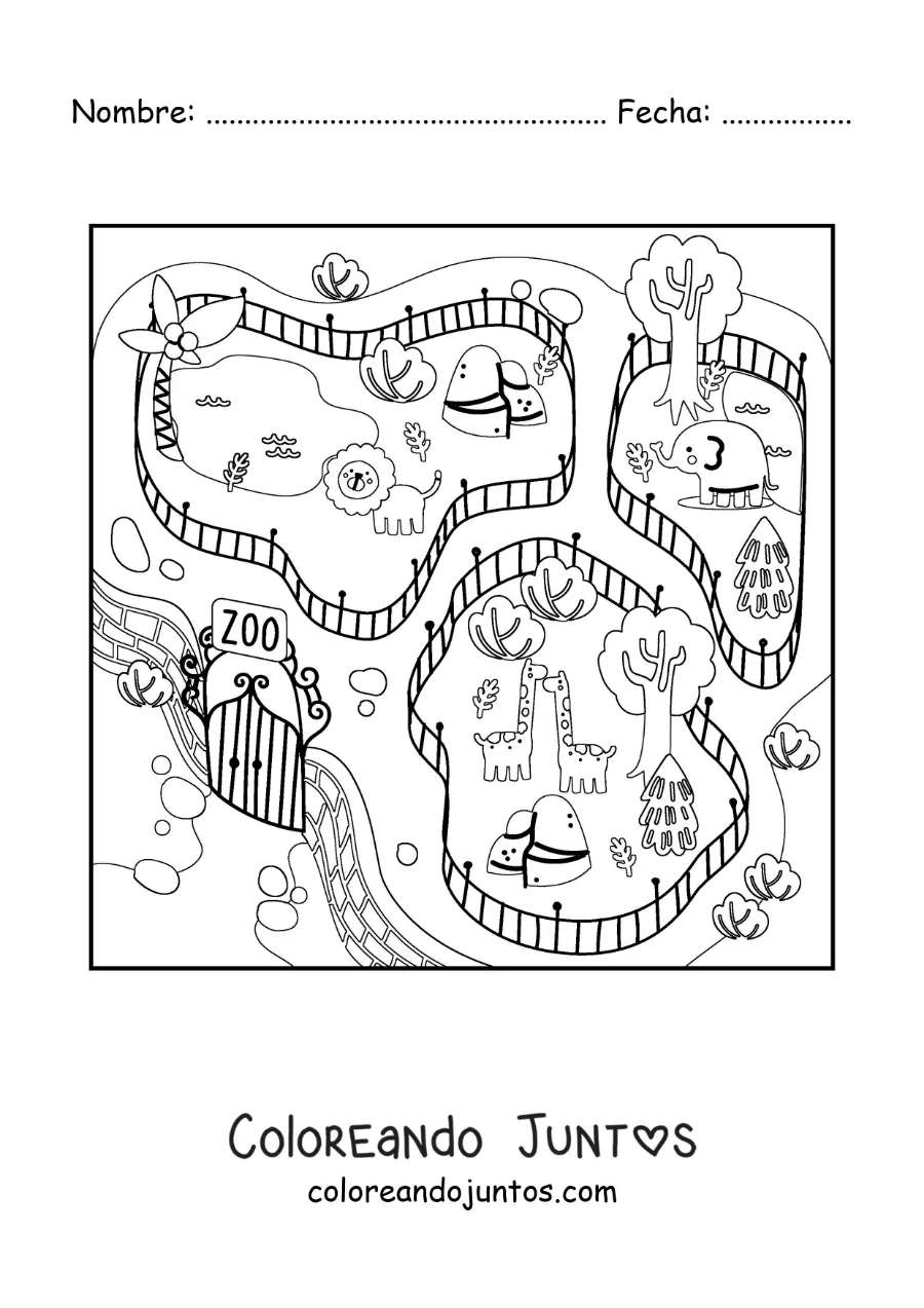 Imagen para colorear de un zoológico con jirafas, elefantes y leones