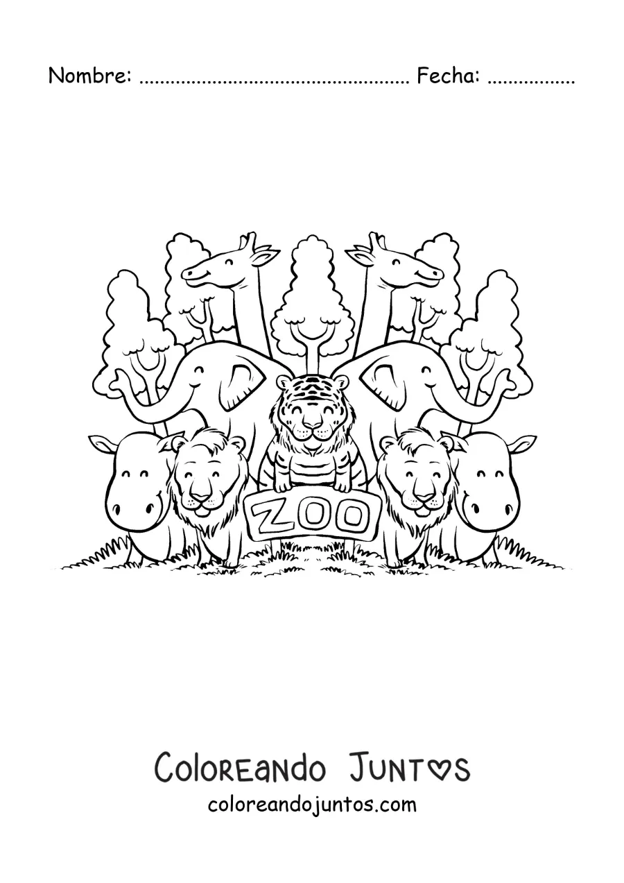 Imagen para colorear de un zoológico con todos sus animales animados