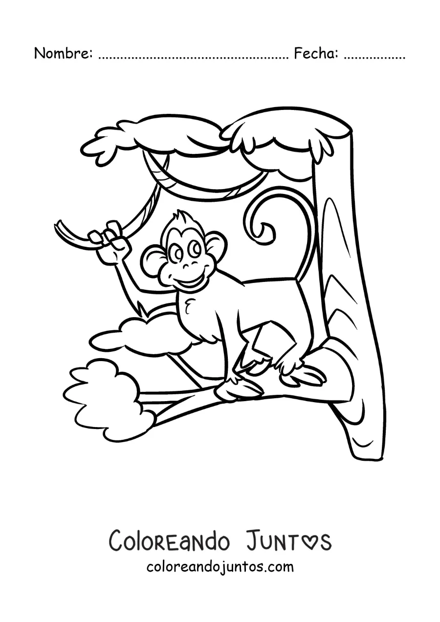 Imagen para colorear de un mono del zoológico animado en un árbol