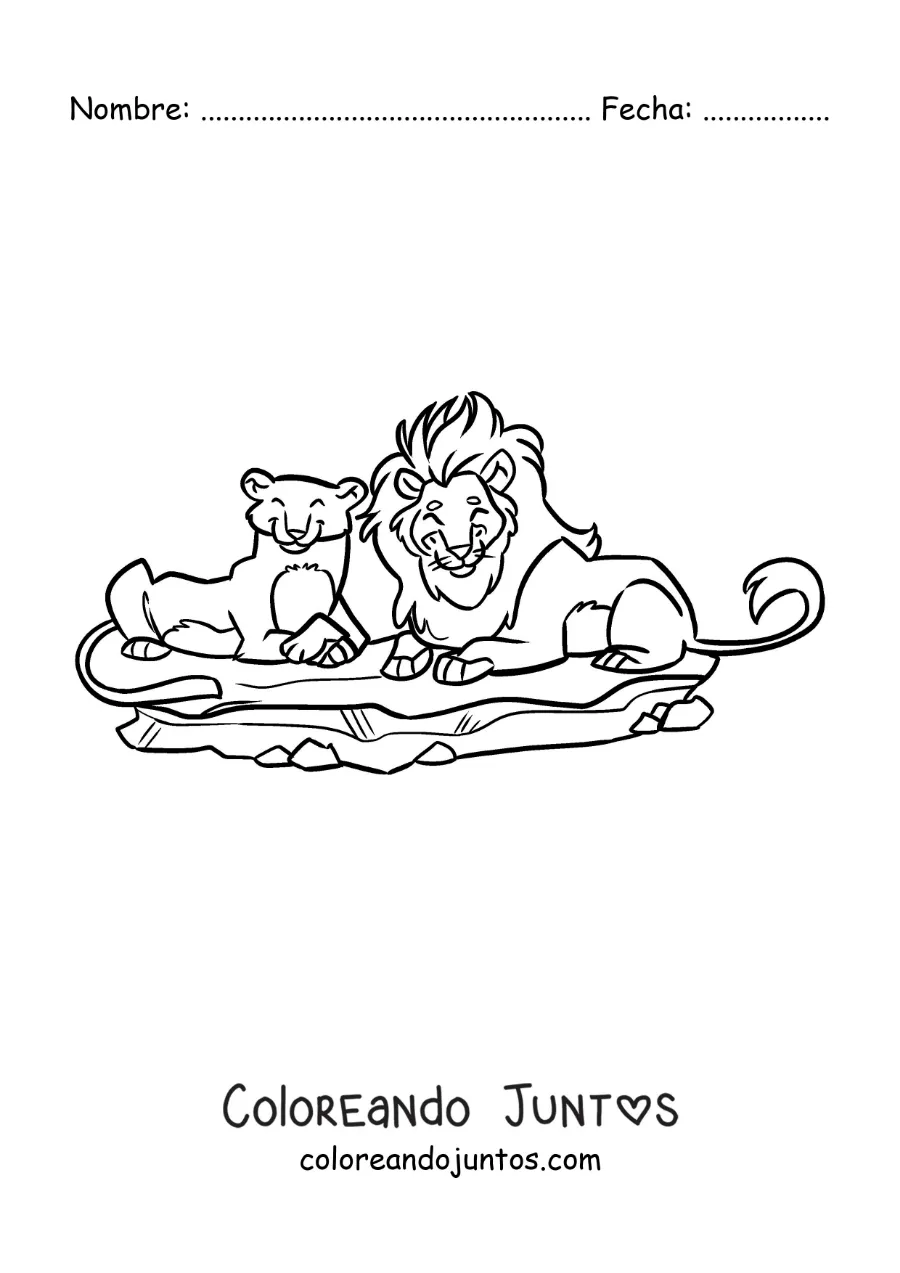 Imagen para colorear de una pareja de leones del zoológico animados acostados