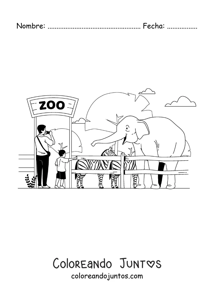 Imagen para colorear de un niño y su padre visitando el zoológico