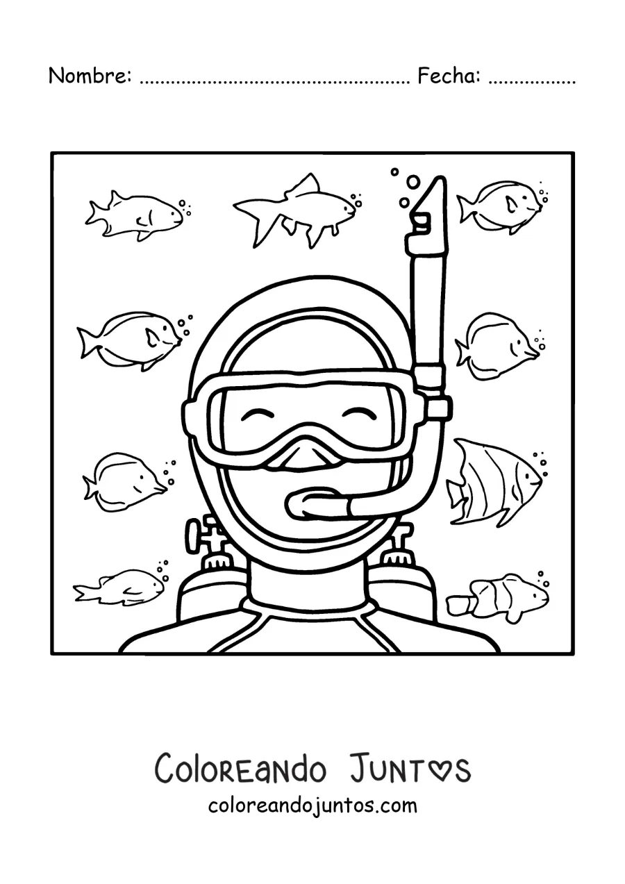 Imagen para colorear de un buzo en el fondo del mar rodeado de peces