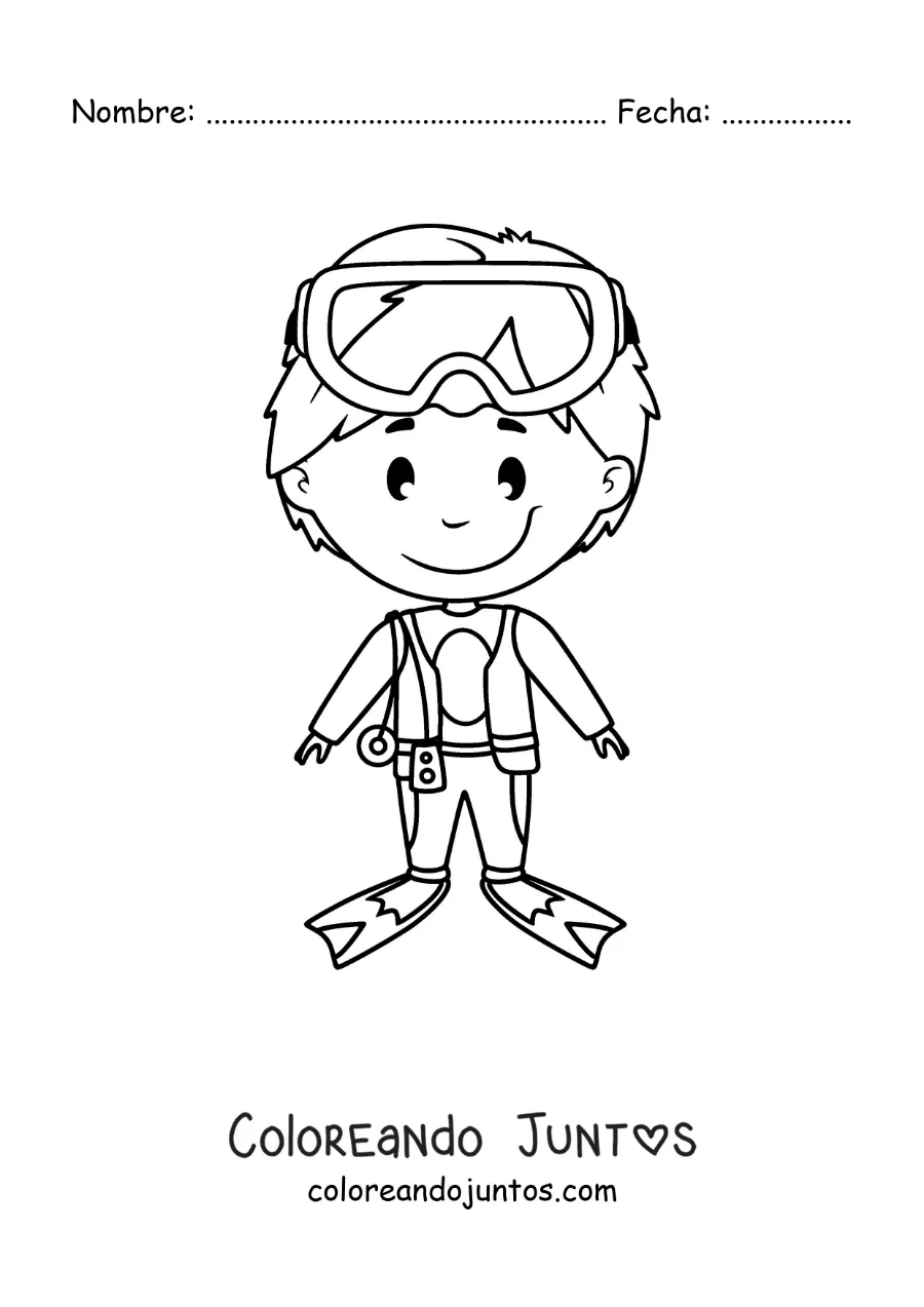 Imagen para colorear de un niño con equipo de buceo