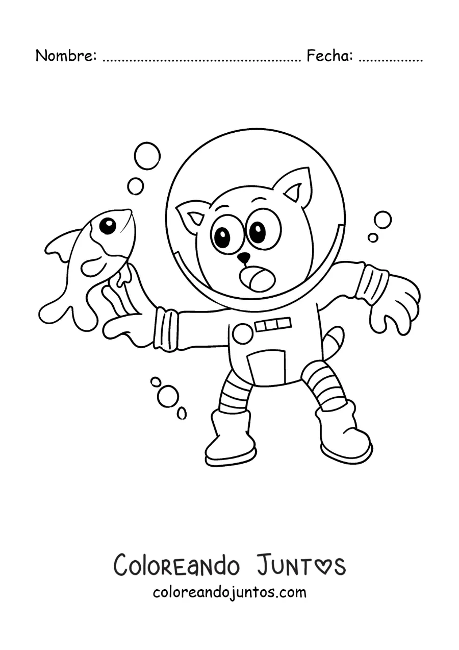 Imagen para colorear de un gato animado buceando atrapando un pez