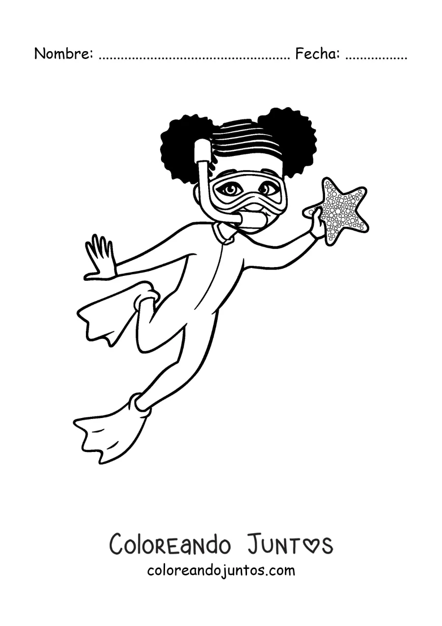 Imagen para colorear de una niña buceando encontrando una estrella de mar