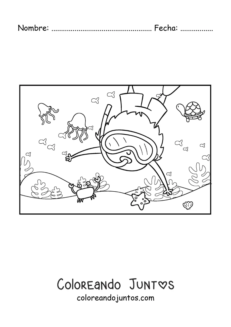 Imagen para colorear de un niño buceando en el fondo del océano con cangrejos y medusas