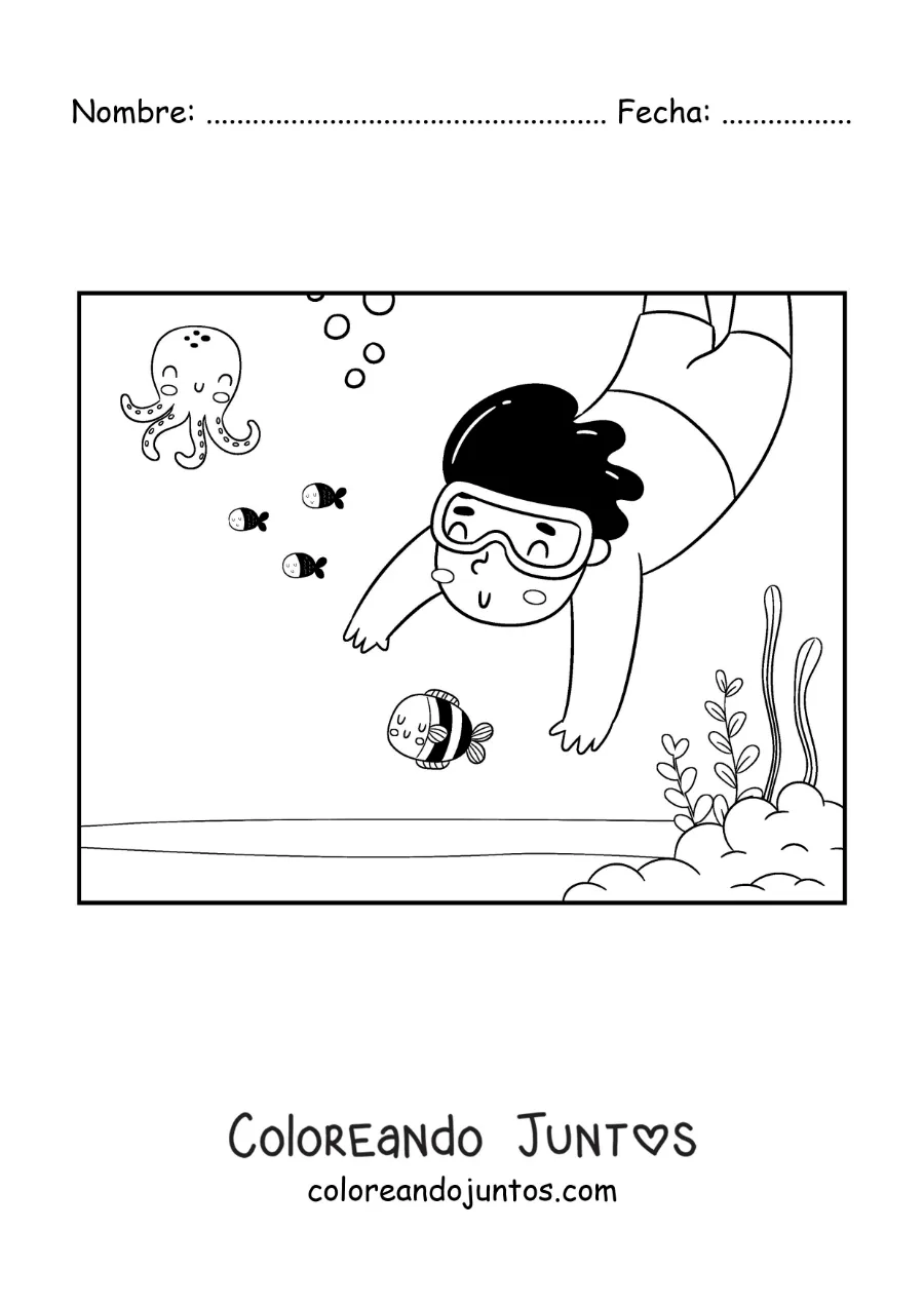 Imagen para colorear de un chico buceando en el fondo del mar con peces y pulpos
