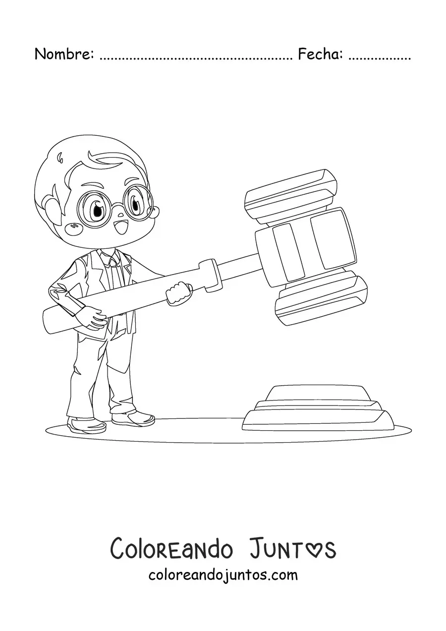 Imagen para colorear de un abogado kawaii sosteniendo un mazo gigante