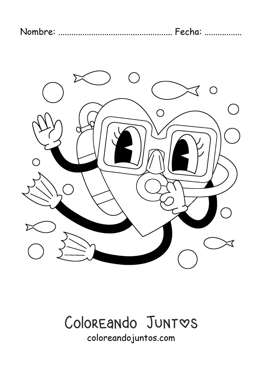 Imagen para colorear de una caricatura de un corazón animado buceando