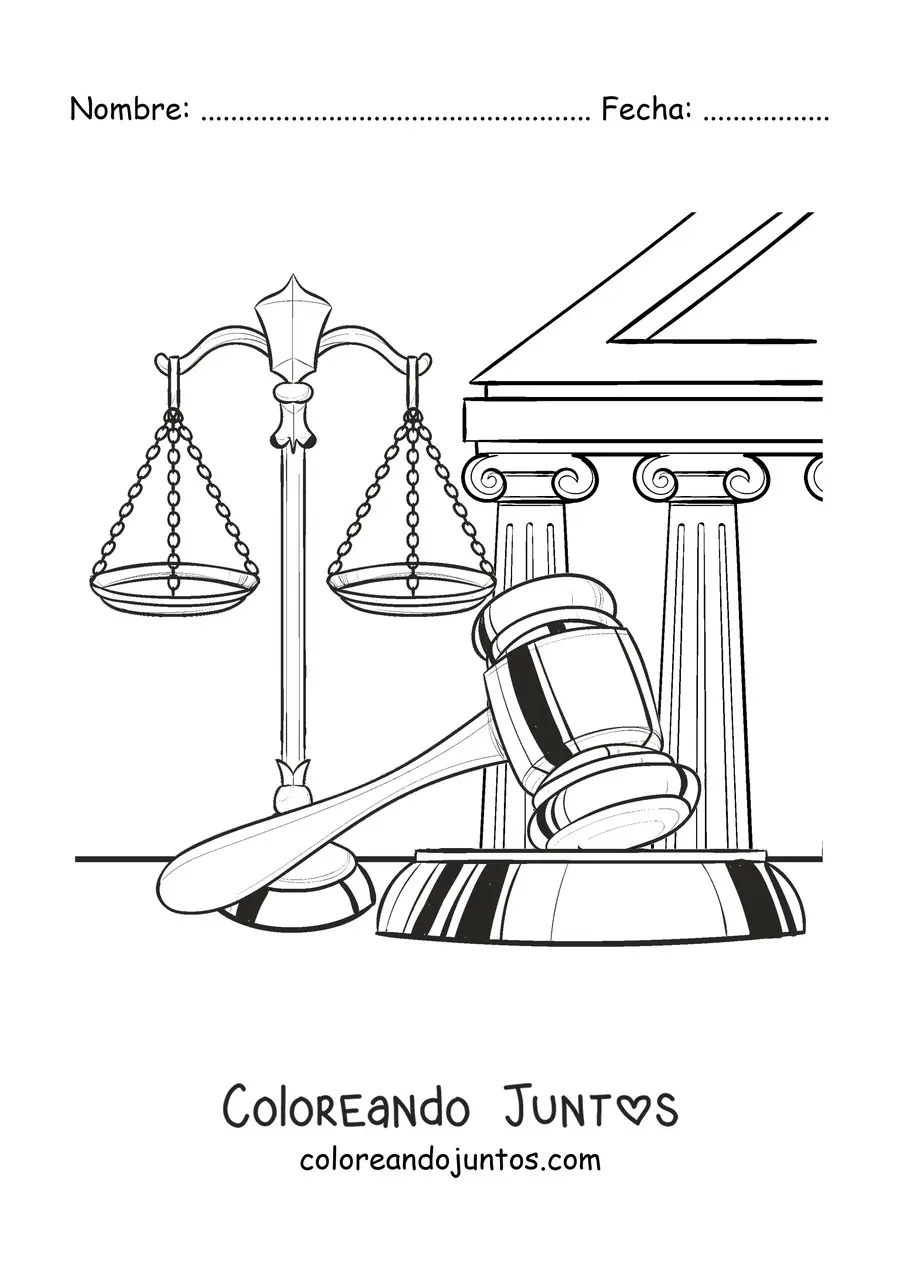 Imagen para colorear de lo una balanza y un mazo como símbolos de justicia