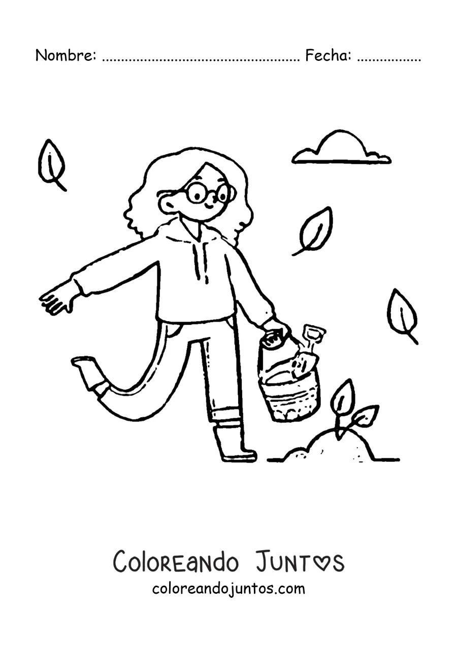 Imagen para colorear de una chica cuidando de un retoño