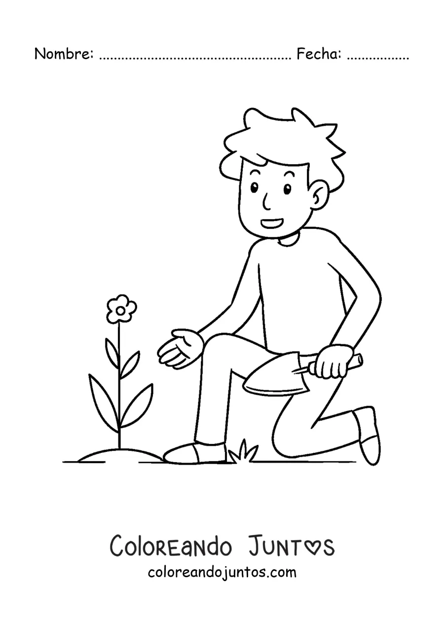 Imagen para colorear de un joven plantando una flor