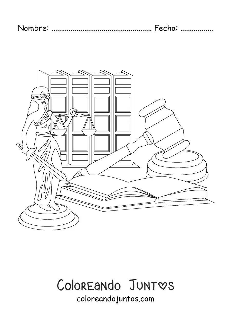 Imagen para colorear de una figura de Justicia sujetando una balanza junto a un mazo