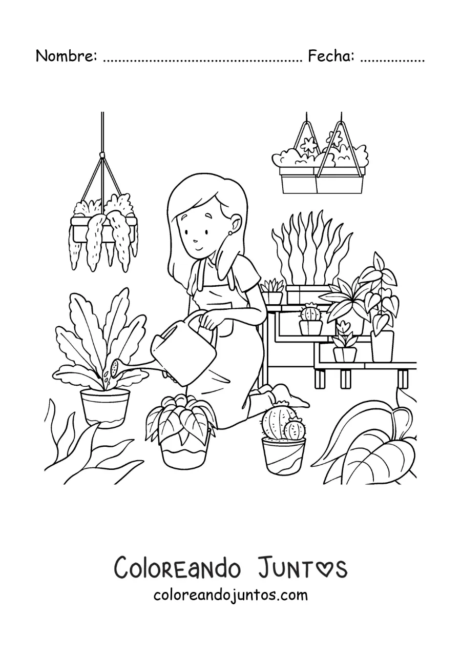 Imagen para colorear de una mujer cuidando de las plantas en un invernadero