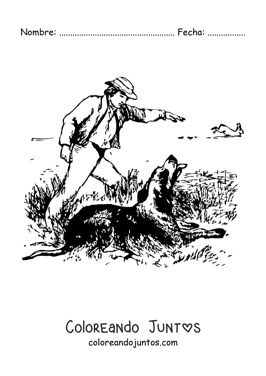 Imagen para colorear de un cazador de patos dando instrucciones a su perro