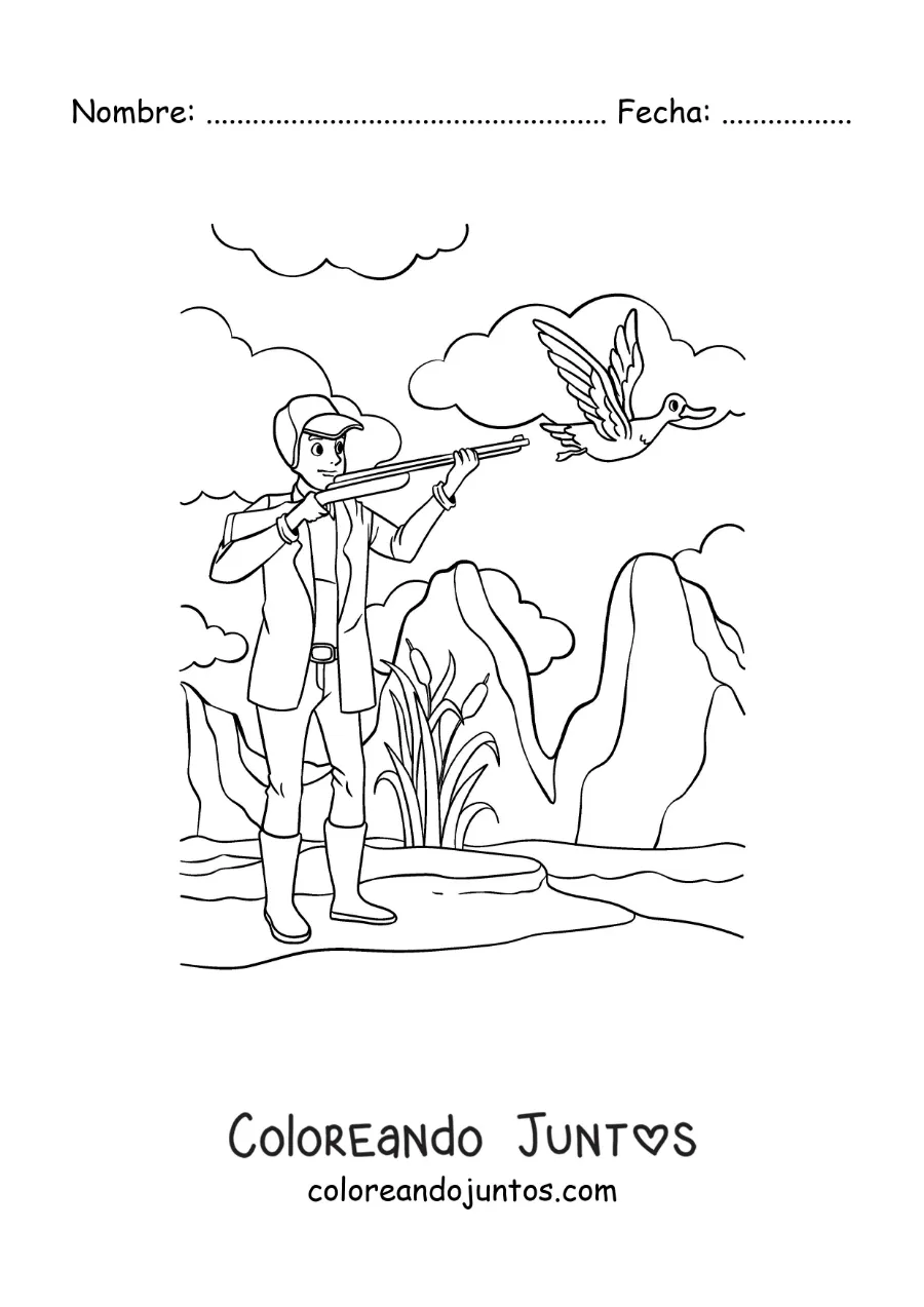Imagen para colorear de un cazador apuntando a un pato en la naturaleza