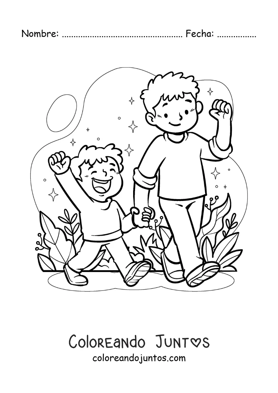 Imagen para colorear de un niño y su hermano menor paseando de la mano por el parque