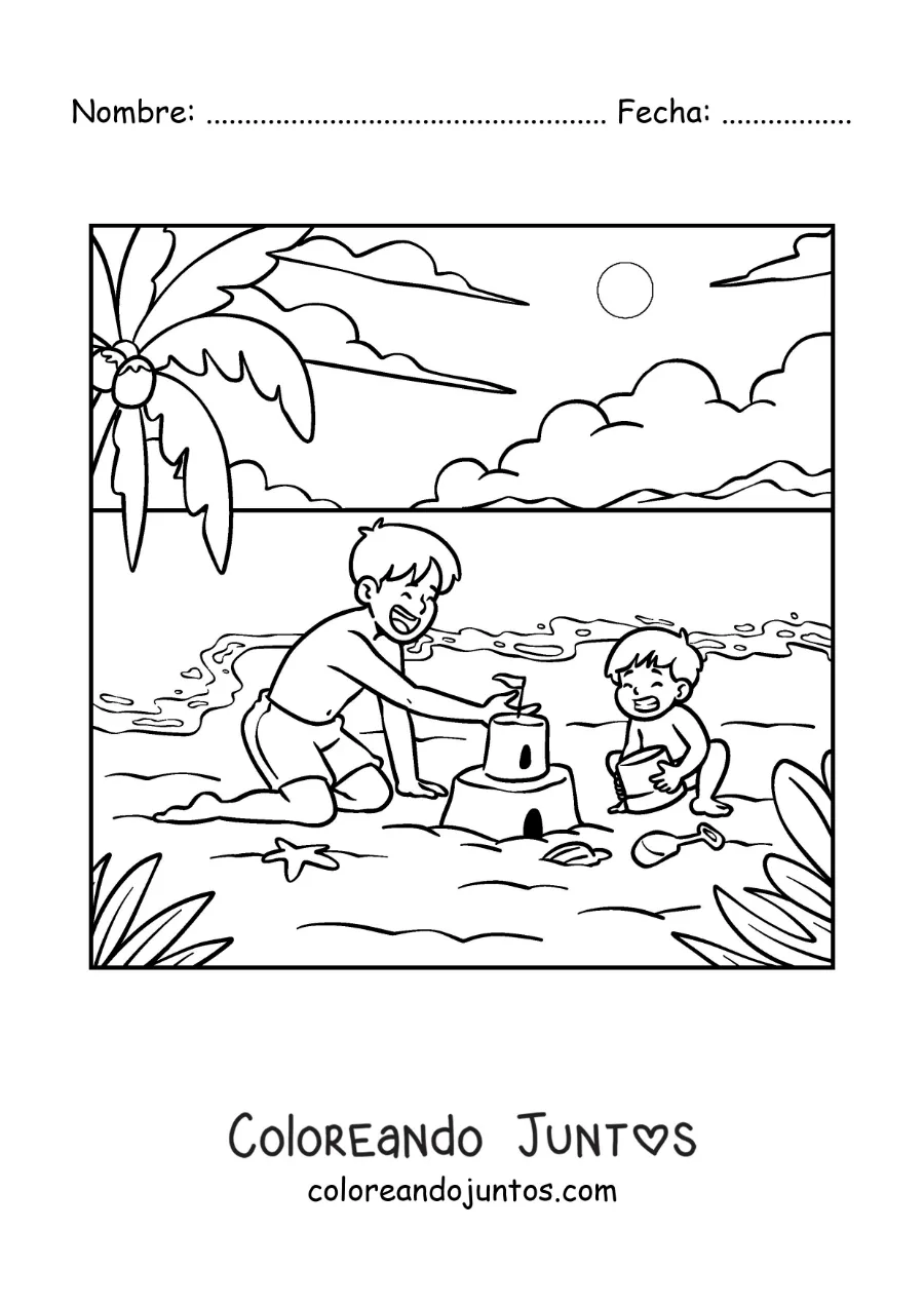 Imagen para colorear de un padre construyendo un castillo de arena con su hijo en la playa